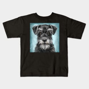 Painting of a Black and White Schnauzer on Blue Background Kids T-Shirt